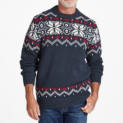 

Men's Pullover Sweater Jumper Chunky Knit Cropped Knitted Geometric Crew Neck Stylish Basic Daily Holiday Fall Winter Navy Blue M L XL / Long Sleeve / Long Sleeve / Weekend