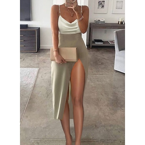 

Women's Party Dress Satin Dress Midi Dress Gray Sleeveless Print Split Spring Summer Spaghetti Strap Fashion Modern 2022 3XL