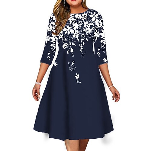 

Women's Plus Size Work Dress Floral Round Neck Print 3/4 Length Sleeve Fall Winter Work Midi Dress Daily Vacation Dress