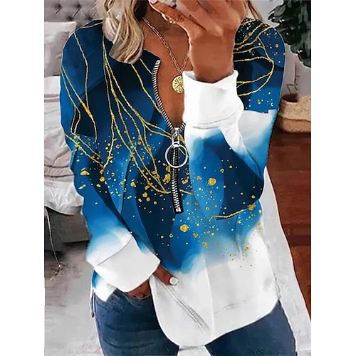 

Women's Plus Size Tops Pullover Sweatshirt Striped Graphic Zipper Print Long Sleeve Round Neck Basic Streetwear Daily Vacation Cotton Fall Winter Blue