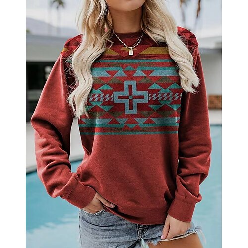 

Women's Sweatshirt Casual Print Wine Geometric Loose Casual Round Neck Long Sleeve Cotton S M L XL XXL 3XL / 3D Print