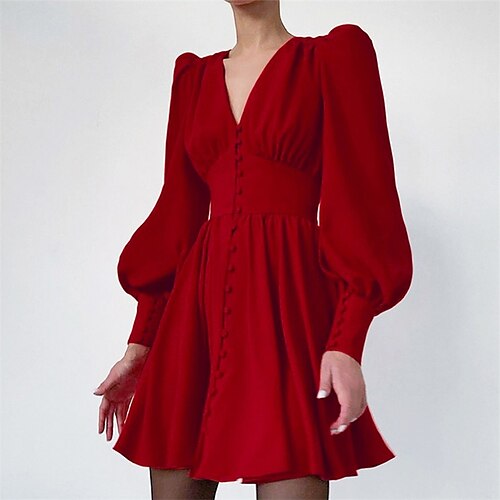 

Women's Black Pink Wine Long Sleeve Pure Color Ruched Winter Fall V Neck Fashion Party Winter Dress Christmas 2022 S M L