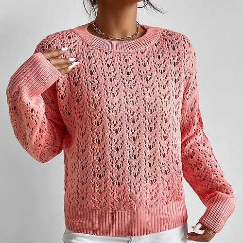 

Women's Pullover Sweater Jumper Crochet Knit Knitted Pure Color Crew Neck Casual Soft Daily Holiday Fall Winter Gray Purple S M L / Long Sleeve