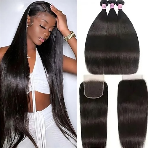 

3 Bundles with Closure Hair Weaves Brazilian Hair Curly Human Hair Extensions Human Hair Extension Weave 14-20 inch Black Women Easy dressing Comfy / Daily Wear / Party / Evening / Party