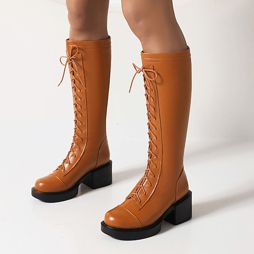 

Women's Boots Lace Up Boots Knee High Boots Lace-up Chunky Heel Round Toe Preppy Minimalism Party Daily PU Leather Zipper Fall Winter Solid Colored Dark Brown White Black