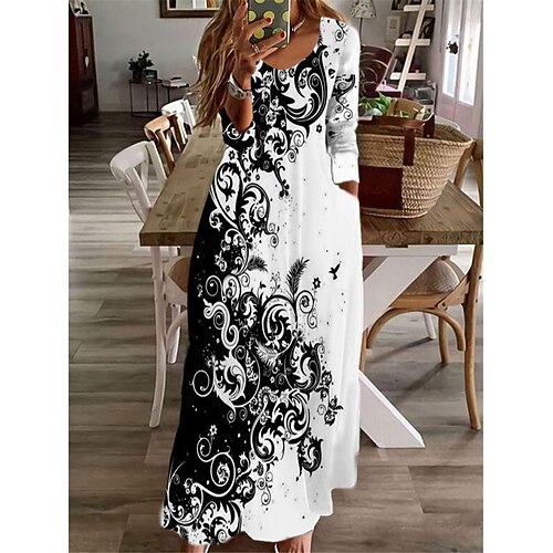 

Women's A Line Dress Swing Dress Maxi long Dress White Purple Long Sleeve Floral Color Gradient Pocket Print Fall Winter V Neck Casual Vacation 2022 S M L XL XXL 3XL / Casual Dress