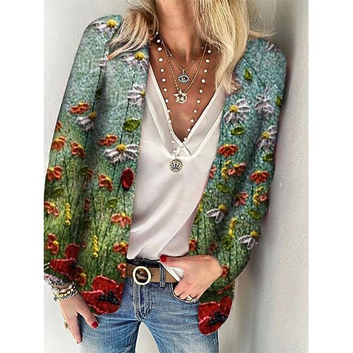 

Women's Casual Jacket Warm Breathable Outdoor Daily Wear Vacation Going out Print Open Front Collarless Active Casual Comfortable Street Style Floral Regular Fit Outerwear Long Sleeve Winter Fall Gray