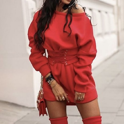 

Women's Hoodie Dress Sheath Dress Short Mini Dress White Black Yellow Red Long Sleeve Pure Color Patchwork Fall Winter Crew Neck Casual Modern Loose 2022 S M L XL