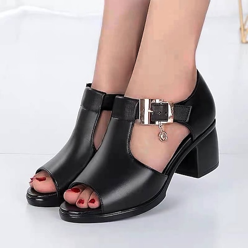 Women's Sandals Summer Chunky Heel Peep Toe PU Leather Ankle Strap Black Light Grey, lightinthebox  - buy with discount
