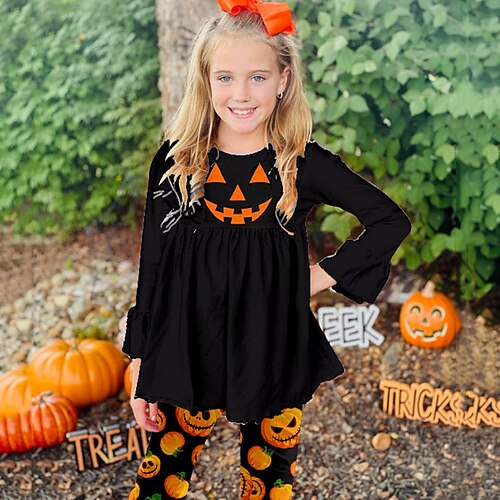 

Kids Girls' Halloween T-shirt Pants Clothing Set 2 Pieces Long Sleeve Black Pumpkin Crewneck Ruffle Print Indoor Vacation Outdoor Active Daily Street Style 3-12 Years