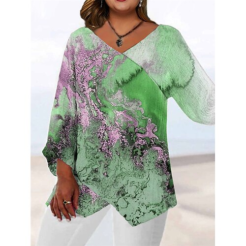 

Women's Plus Size Tops Blouse Shirt Color Gradient Print Long Sleeve V Neck Casual Daily Going out Polyester Fall Winter Green Blue / 3D Print