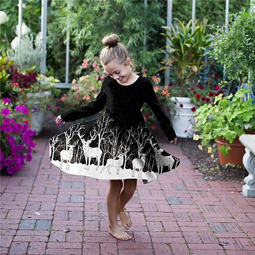 

Kids Girls' Dress Animal Swing Dress Above Knee Dress Daily Print Long Sleeve Cute Dress 3-10 Years Winter Black