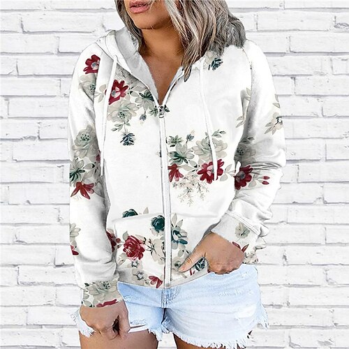 

Women's Plus Size Tops Hoodie Sweatshirt Floral Zipper Print Long Sleeve Hooded Streetwear Daily Vacation Polyester Fall Winter White / 3D Print