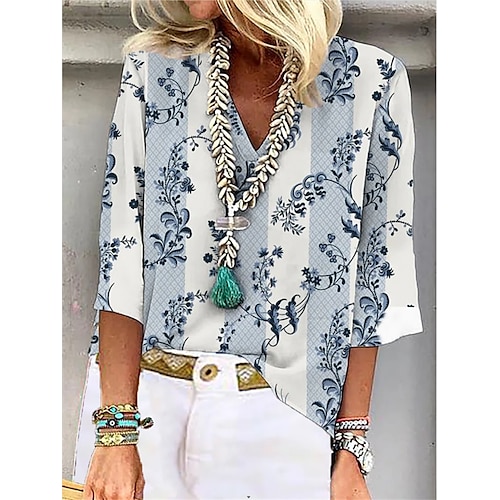 

Women's Blouse Flower Casual Daily Holiday Blouse Shirt 3/4 Length Sleeve Patchwork Print V Neck Bohemian Style Casual Blue S / 3D Print