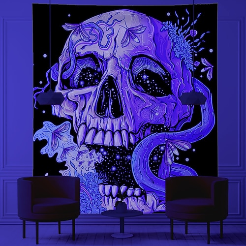 

Halloween Blacklight UV Reactive Wall Tapestry Art Decor Blanket Curtain Hanging Home Bedroom Decoration Polyester Skull