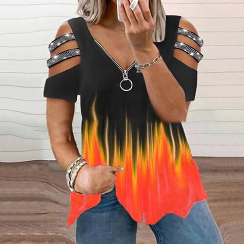 

Women's Plus Size Tops T shirt Tee Color Gradient Cut Out Zipper Short Sleeve V Neck Streetwear Daily Vacation Polyester Spring Summer Blue Gray
