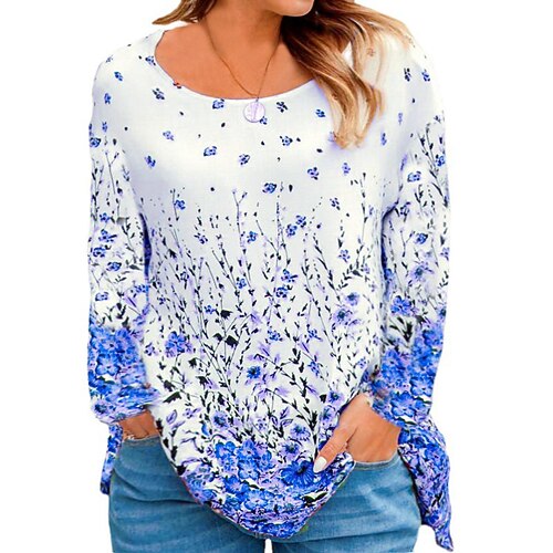 

Women's Plus Size Tops Blouse Shirt Floral Print Long Sleeve Crewneck Casual Daily Going out Polyester Fall Spring Green Blue