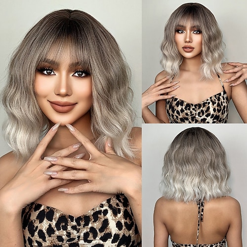 

HAIRCUBE Ombre Brown Short BOB Wigs With Bangs 14 inch Summer Hair for Women Daily