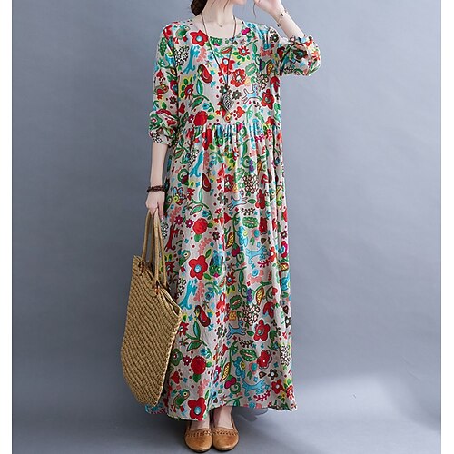 

Women's Swing Dress Maxi long Dress Green Purple Pink Yellow Fuchsia Orange Long Sleeve Solid Color Print Fall Winter Crew Neck Loose 2022 M L XL XXL