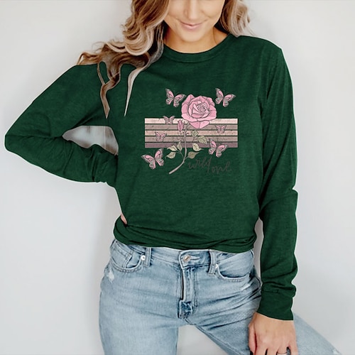 

Women's T shirt Tee Graphic Rose Letter Casual Daily Holiday Floral T shirt Tee Long Sleeve Print Round Neck Basic Green Black Blue S