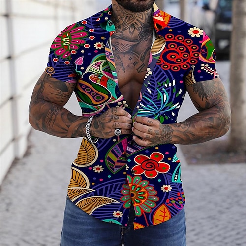 

Men's Shirt Floral Turndown Navy Blue Short Sleeves 3D Print Outdoor Street Button-Down Print Tops Fashion Designer Casual Breathable / Summer / Spring / Summer