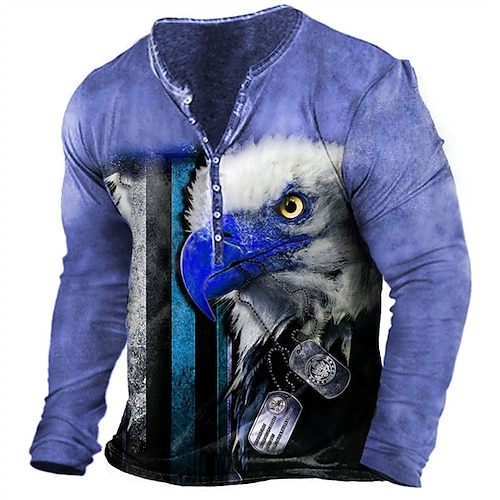 

Men's T shirt Tee Henley Shirt Tee Graphic Animal Henley Blue Wine Royal Blue Brown 3D Print Plus Size Outdoor Daily Long Sleeve Button-Down Print Clothing Apparel Basic Designer Classic Comfortable