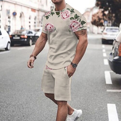

Men's T-shirt Suits Tennis Shirt Graphic Floral Crew Neck Red Brown BlackWhite Gray Black 3D Print Street Daily Short Sleeve Print Clothing Apparel 2pcs Basic Fashion Lightweight Casual / Summer