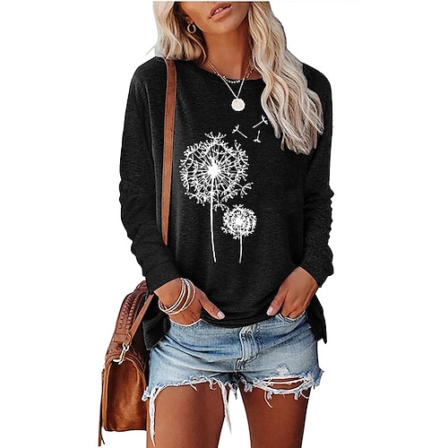 

Women's T shirt Tee Dandelion Sports Weekend Floral Painting T shirt Tee Long Sleeve Print Round Neck Basic Green Black Blue S