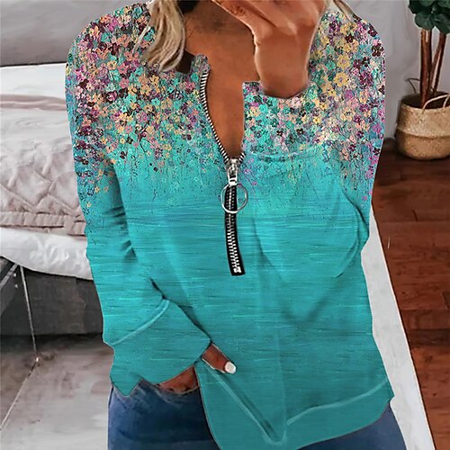 

Women's Plus Size Tops Pullover Sweatshirt Hoodie Sweatshirt Floral Zipper Print Long Sleeve Round Neck Streetwear Daily Vacation Polyester Fall Winter Green Navy Blue