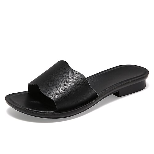 

Women's Slippers Work Daily Outdoor Slippers Summer Low Heel Round Toe Casual Sweet Walking Shoes PU Leather Loafer Black Beige