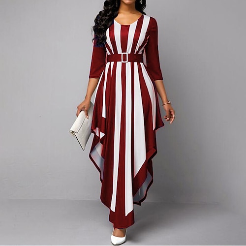 

Women's Long Dress Maxi Dress Blue Purple Red 3/4 Length Sleeve Striped Lace up Winter Fall Mature 2022 S M L XL XXL 3XL 4XL 5XL