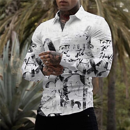 

Men's Shirt 3D Print Letter Turndown Street Casual Button-Down Print Long Sleeve Tops Designer Casual Fashion Breathable Black