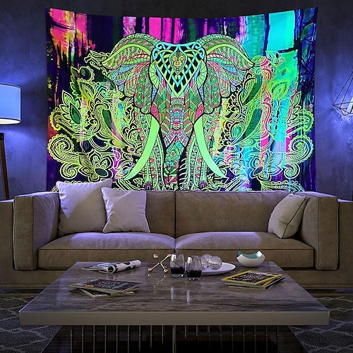 

India Elephant Blacklight Uv Reactive Wall Tapestry Art Decor Blanket Curtain Hanging Home Bedroom Living Room Decoration Polyester