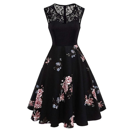 

Robe mi-longue Femme Robe vintage Sans Manches Automne Hiver - Rétro Vintage mode 1950s Dentelle Patchwork Accueil froid Floral Col Rond Robe d'été Coton 2023 Noir S M L XL XXL