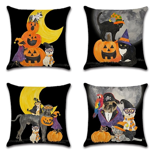 

Halloween Party Double Side Cushion Cover 4PC Soft Decorative Square Throw Pillow Cover Cushion Case Pillowcase for Bedroom Livingroom Superior Quality Machine Washable Indoor Cushion for Sofa Couch Bed Chair Boo Pumpkin Skull Cat Bat