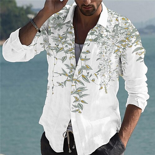 

Men's Shirt Leaves Turndown White Long Sleeve 3D Print Outdoor Street Button-Down Print Tops Fashion Designer Casual Breathable