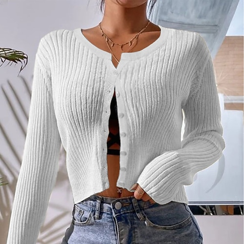 

Women's Cardigan Sweater Jumper Ribbed Knit Button Knitted Pure Color Crew Neck Stylish Casual Outdoor Daily Winter Fall Green Pink S M L / Long Sleeve / Holiday / Regular Fit / Going out