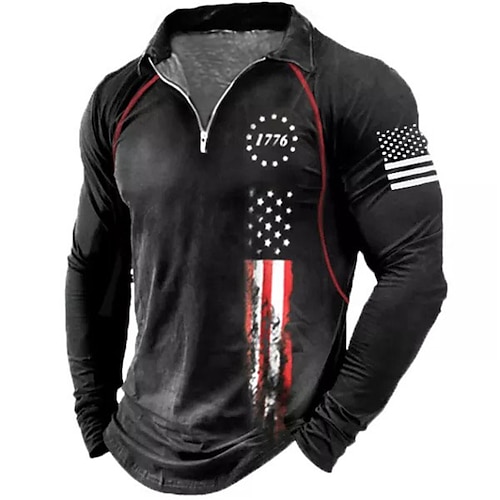 

Men's Collar Polo Shirt Golf Shirt Letter National Flag Turndown Black 3D Print Outdoor Street Long Sleeve Zipper Print Clothing Apparel Fashion Designer Casual Breathable