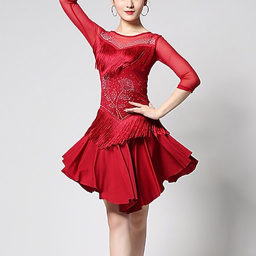 

Latin Dance Dress Tassel Pattern / Print Split Joint Women's Training Performance 3/4 Length Sleeve High Tulle Milk Fiber