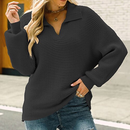 

Women's Pullover Sweater Jumper Ribbed Knit Knitted Pure Color Shirt Collar Stylish Casual Daily Holiday Fall Winter Green Black S M L / Long Sleeve