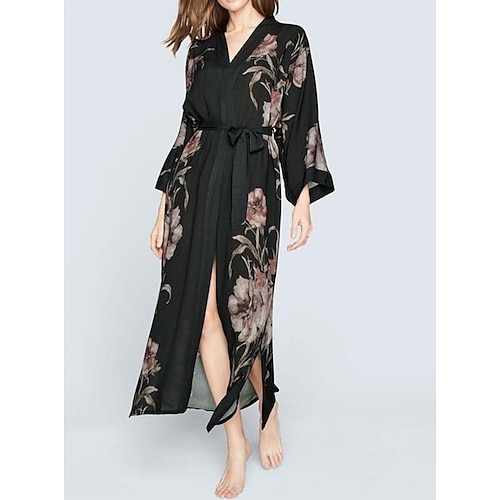 

Women's Plus Size Pajamas Robes Gown Bathrobes Nighty Flower Comfort Kimono Robes Sweet Home Vacation Club Satin V Wire Long Sleeve Spring Fall Black