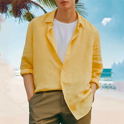 

Men's Shirt Solid Color Turndown Green Pink Yellow Khaki Daily Holiday Long Sleeve Button-Down Clothing Apparel Cotton Fashion Lightweight Casual Comfortable / Spring / Beach
