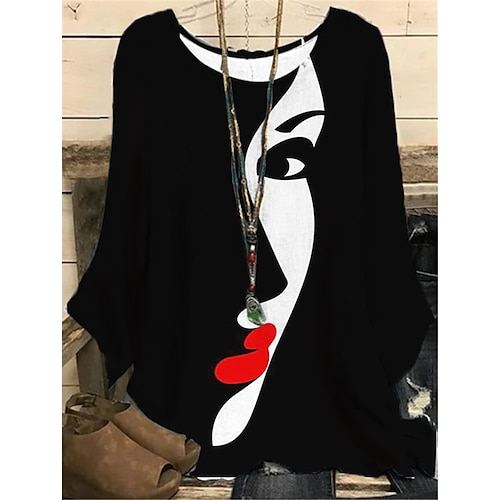 

Women's Plus Size Tops Blouse Shirt Abstract Print Long Sleeve Crewneck Streetwear Daily Vacation Polyester Fall Spring Black