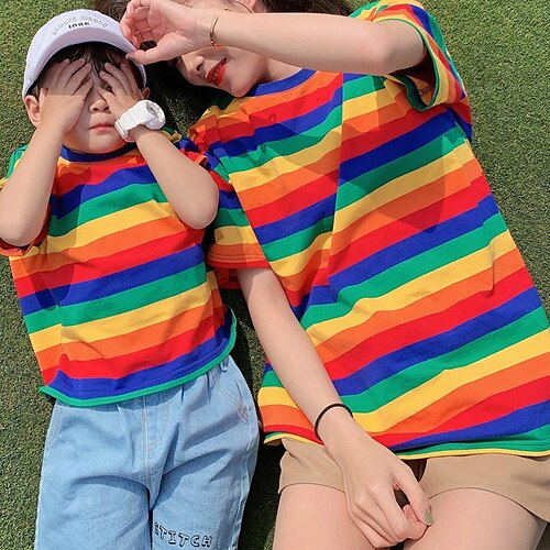 

Family Look T shirt Striped Daily Rainbow Short Sleeve Daily Matching Outfits