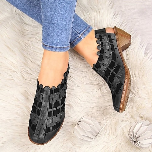 

Women's Boots Plus Size Sandals Boots Summer Boots Outdoor Daily Booties Ankle Boots Winter Cone Heel Round Toe Casual Walking Shoes PU Leather Loafer Elastic Band Color Block Almond Black White