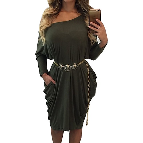 

Women's Sheath Dress Knee Length Dress White Army Green Long Sleeve Pure Color Pocket Cold Shoulder Fall Winter One Shoulder Casual Mature 2022 S M L XL