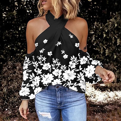 

Women's T shirt Tee Florals Criss Cross Halter Neck Long Sleeve T shirt Tee Casual Weekend Painting Cold Shoulder Print Basic White S