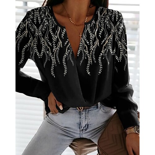 

Women's Blouse Floral Daily Weekend Floral Blouse Shirt Long Sleeve Print V Neck Casual Streetwear Black S / 3D Print