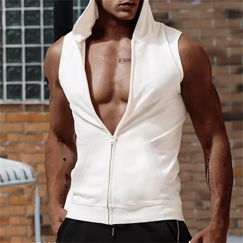 

Men's Full Zip Hoodie Sweat Jacket Black White Hooded Solid Color Zipper Pocket Going out Streetwear Streetwear Cool Casual Winter Spring Clothing Apparel Hoodies Sweatshirts Sleeveless