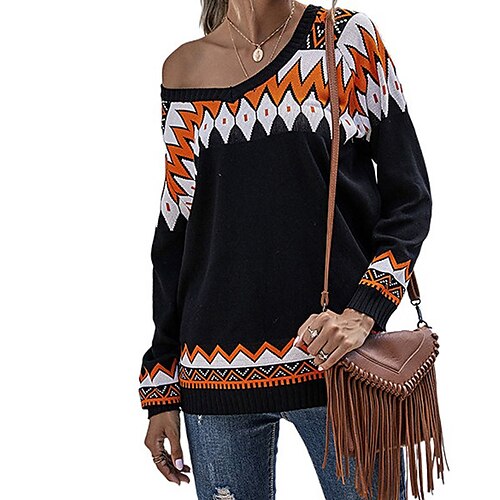 

Women's Pullover Sweater Jumper Ribbed Knit Embroidered Knitted Geometric V Neck Stylish Casual Daily Holiday Fall Winter Black S M L / Cotton / Long Sleeve